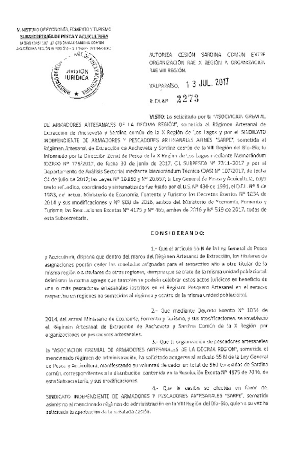 Res. Ex. N° 2273-2017 Cesión Sardina común X Región.
