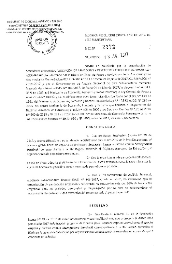 Res. Ex. N° 2272-2017 Modifica Res. Ex. N° 39-2017 Distribución de la Fracción Artesanal de Pesquería de Anchoveta y Sardina Común, XIV Región, año 2017. (Publicado en Página Web 13-07-2017)