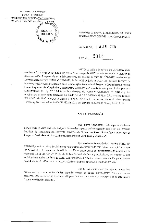 Res. Ex. N° 2316-2017 Línea de base limnológica Regiones de Coquimbo y Atacama.