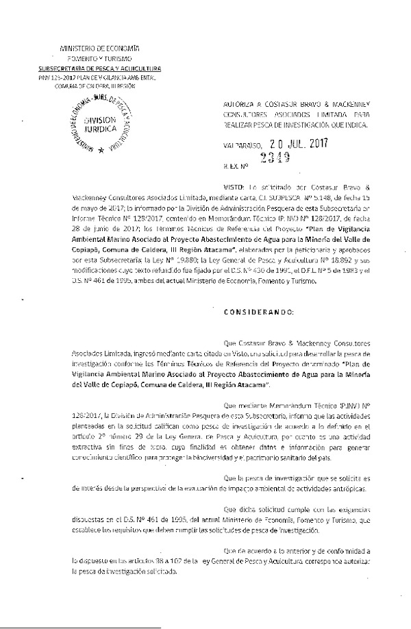 Res. Ex. N° 2349-2017 Plan de vigilancia ambiental marino, comuna de Caldera, III Región de Atacama.
