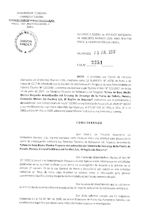 Res. Ex. N° 2351-2017 Línea de base medio marino, III Región de Atacama.