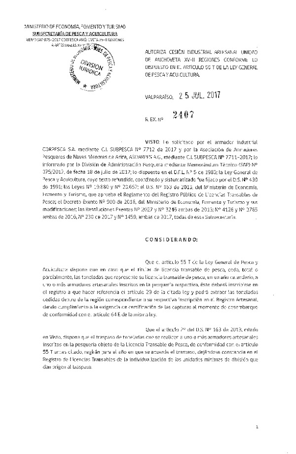 Res. Ex. N° 2407-2017 Autoriza cesión Anchoveta XV-I Región.