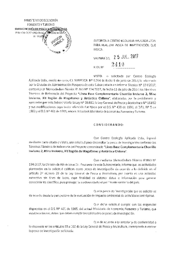 Res. Ex. N° 2410-2017 Línea base complementaria Chorrillo invierno 2, XII Región.