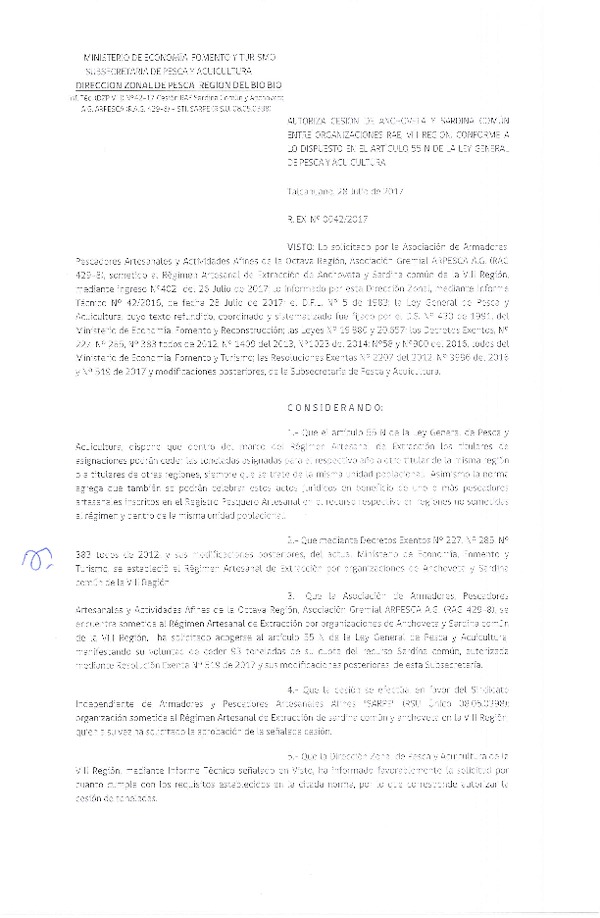 Res. Ex. N° 42-2017 (DZP VIII) Autoriza Cesión Anchoveta y sardina común, VIII Región.