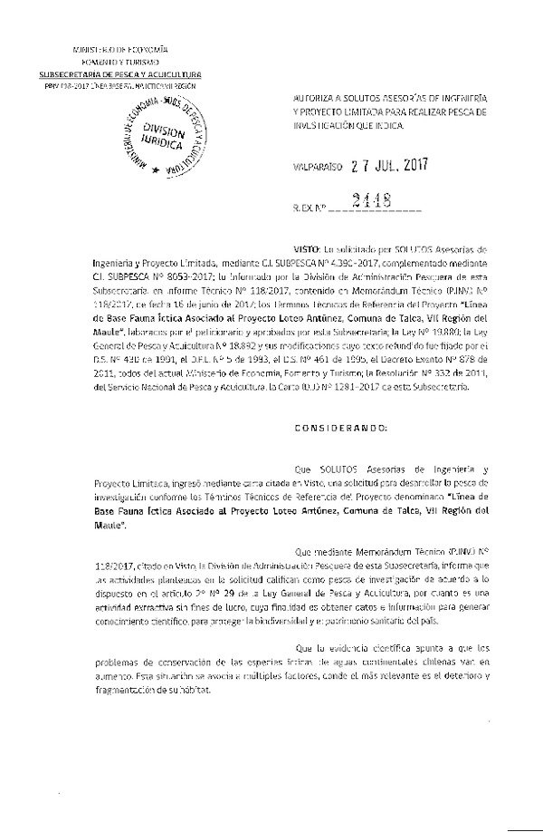 Res. Ex. N° 2448-2017 Línea de base fauna íctica comuna de Talca, VII Región.