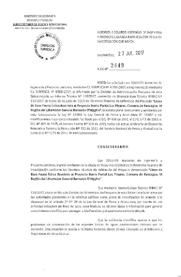 Res. Ex. N° 2449-2017 Línea de base fauna íctica comuna de Rancagua, VI Región.