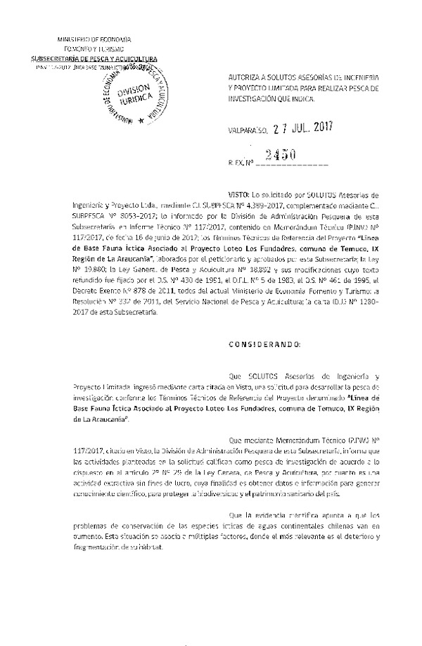 Res. Ex. N° 2450-2017 Línea de base fauna íctica comuna de Temuco, IX Región.