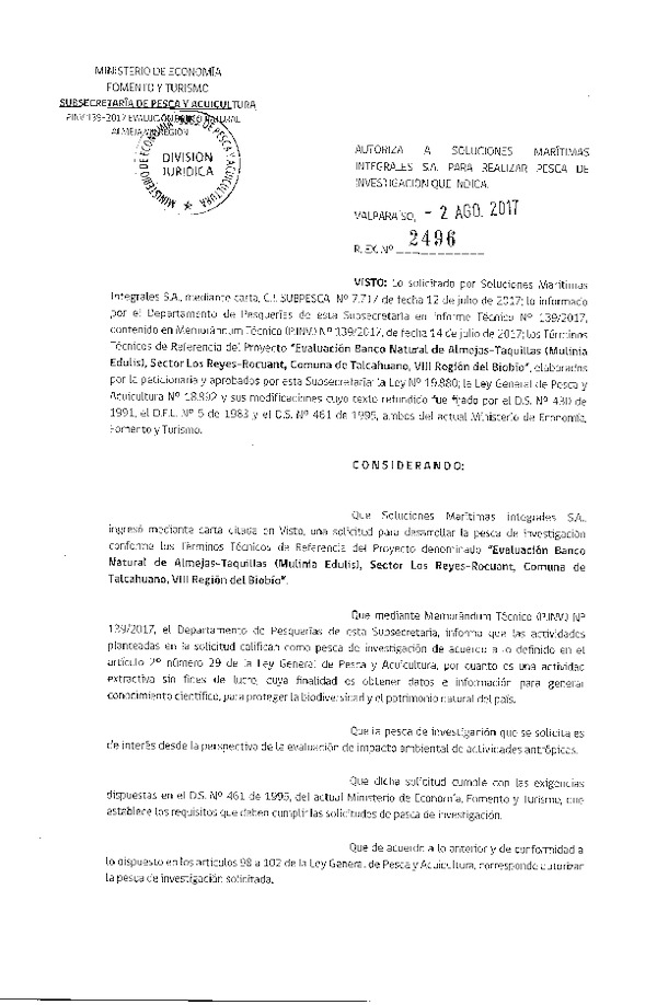 Res. Ex. N° 2496-2017 Evaluación banco natural de almejas-talquillas, comuna de Talcahuano, VIII Región del Biobío.
