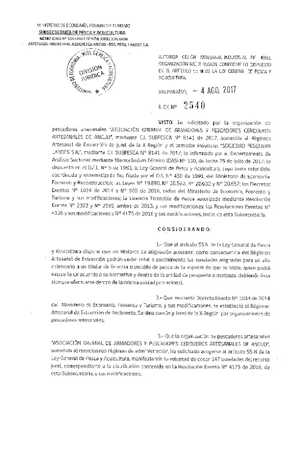 Res. Ex. N° 2540-2017 Autoriza cesión Jurel, X Región.