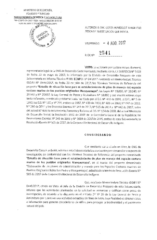 Res. Ex. N° 2541-2017 Estudio de situación base para el establecimiento de plan de manejo del ECMPO Manquemapu.