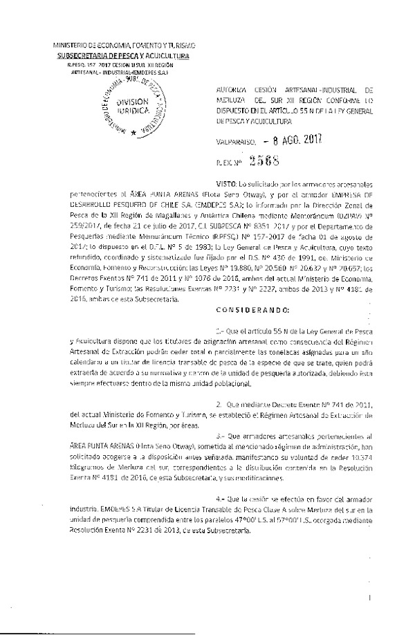 Res. Ex. N° 2568-2017 Cesión Merluza del sur XII Región.