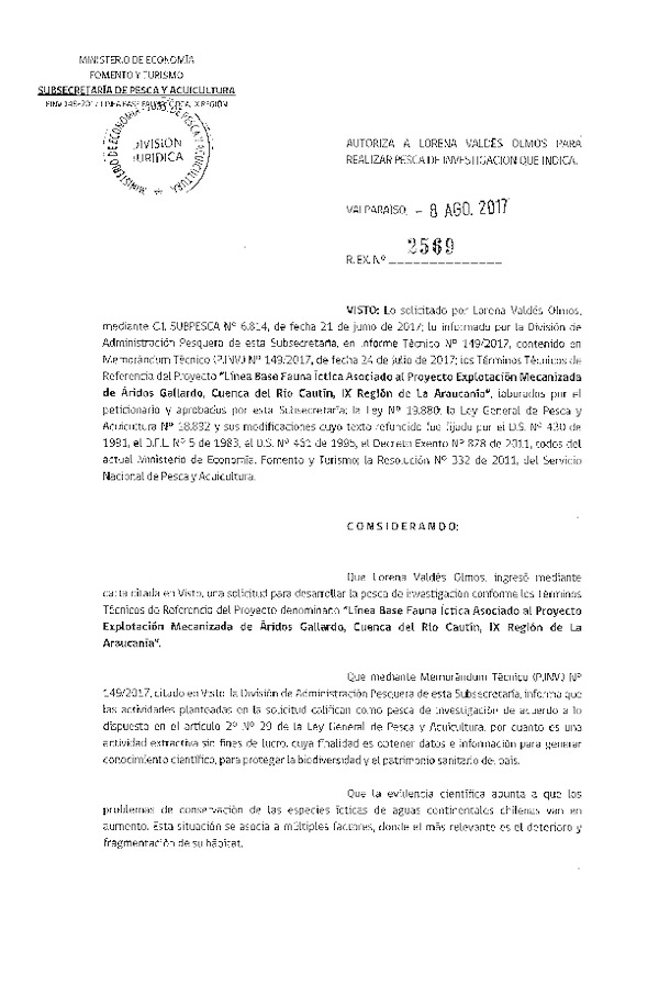 Res. Ex. N° 2569-2017 Línea de base fauna íctica, cuenca del río Cautín IX Región de La Araucanía.