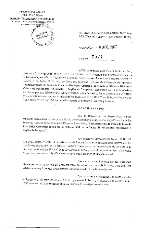 Res. Ex. N° 2571-2017 Repoblamiento de peces de roca de alto valor comercial, Caleta de Pescadores Artesanales, I Región de Tarapacá.