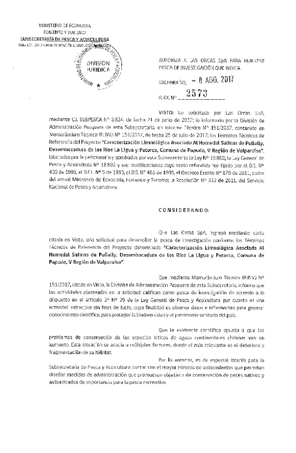 Res. Ex. N° 2573-2017 Caracterización limnológica, desembocadura de los ríos La Ligua y Petorca, V Región de Valparaíso
