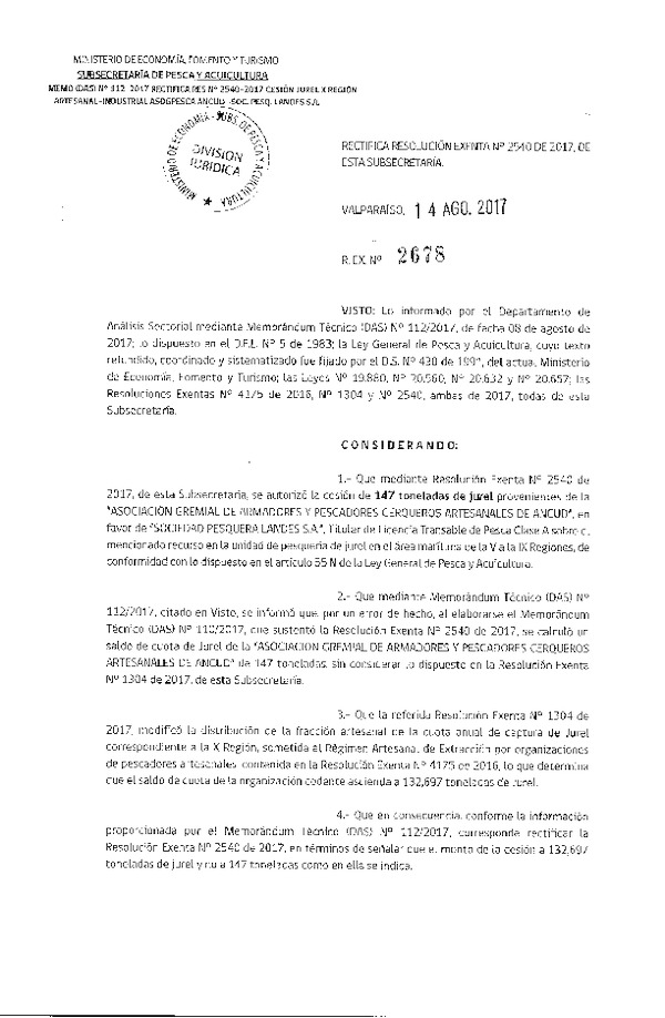 Res. Ex. N° 2678-2017 Rectifica	Res. Ex. N° 2540-2017 Autoriza cesión Jurel, X Región.