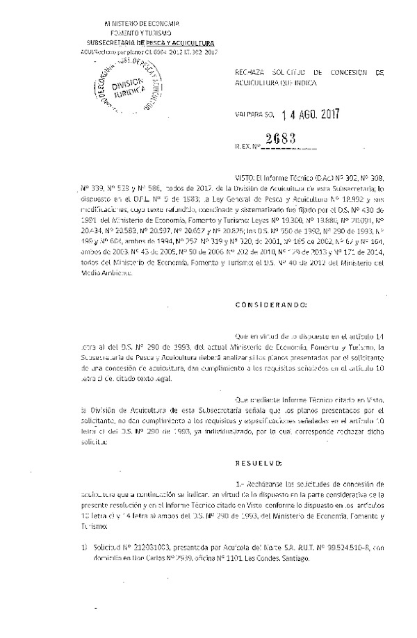 Res. Ex. N° 2683-2017 Rechaza solicitud de concesión de acuicultura que indica.