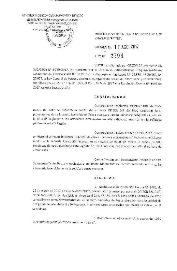 Res. Ex. N° 2704-2017 Modifica Res. Ex. N° 1003-2017 Autoriza cesión jurel, IV Región.