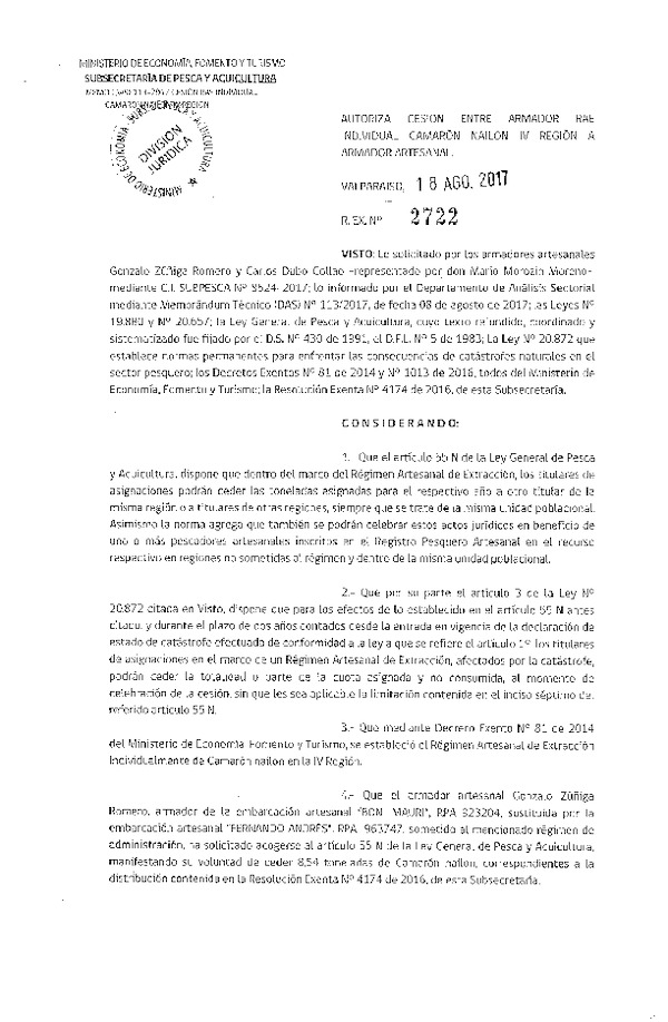 Res. Ex. N° 2722-2016 Autoriza Cesión Camarón Nailon, IV Región.