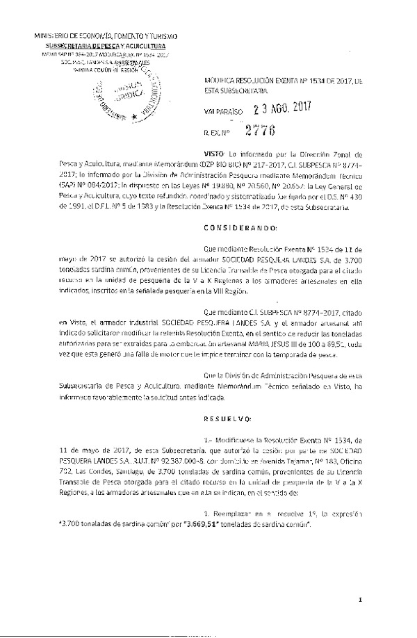 Res. Ex. N° 2776-2017 Modifica 1534-2017 Cesión sardina común, VIII Región.