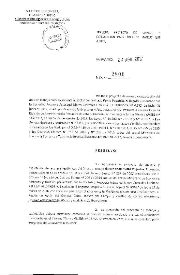 Res. Ex. N° 2800-2017 Plan de Manejo y Explotación para Área.