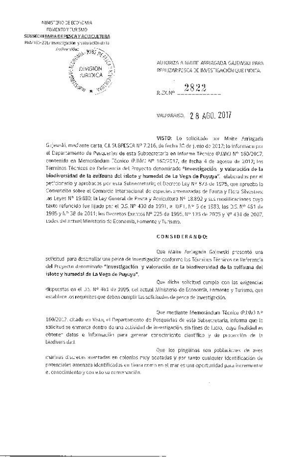 Res. Ex. N° 2822-2017 Investigación y valoración de la biodiversidad de la avifauna del islote y humedal de La Vega de Puyuya.