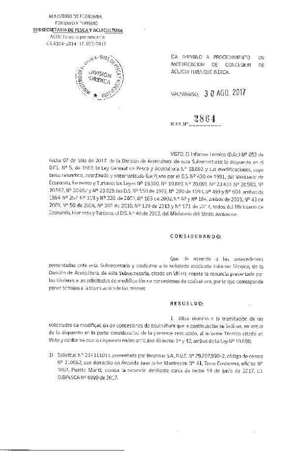 Res. Ex. N° 2864-2017 Da termino a procedimiento de modificación de concesión de acuicultura que indica.