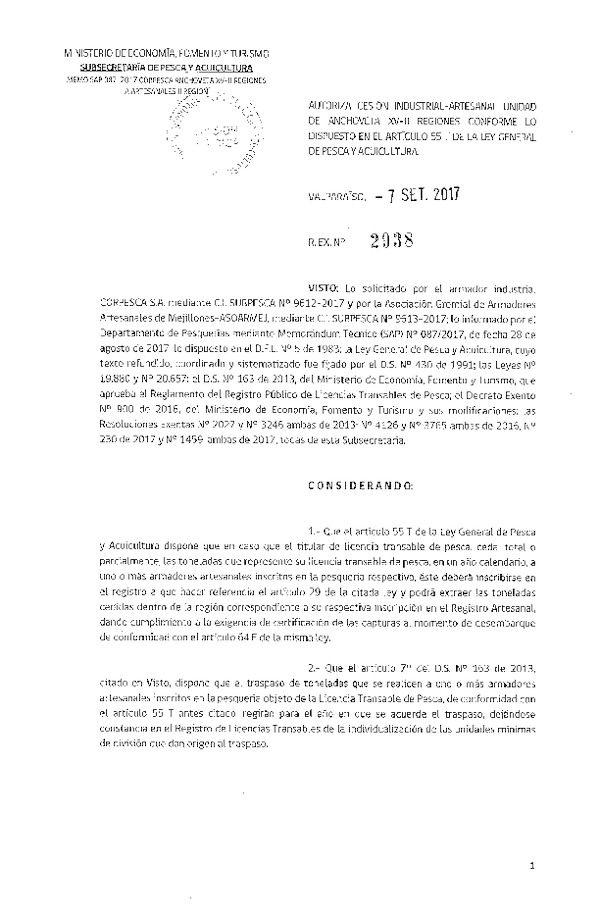 Res. Ex. N° 2938-2017 Autoriza cesión Anchoveta XV a II Región.