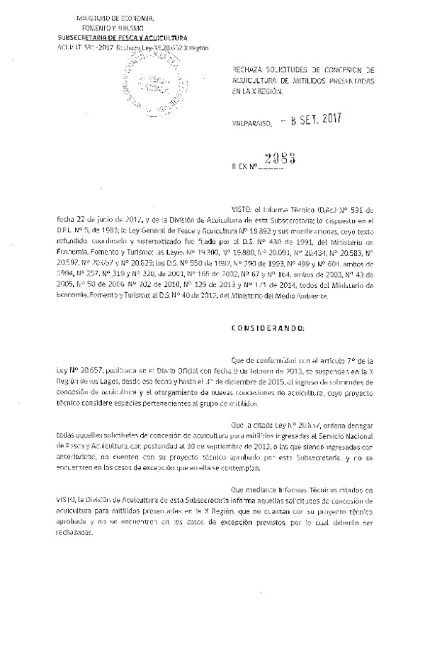 Res. Ex. N° 2983-2017 Rechaza solicitudes de concesión de acuicultura de mitilidos presentadas en la X Región.