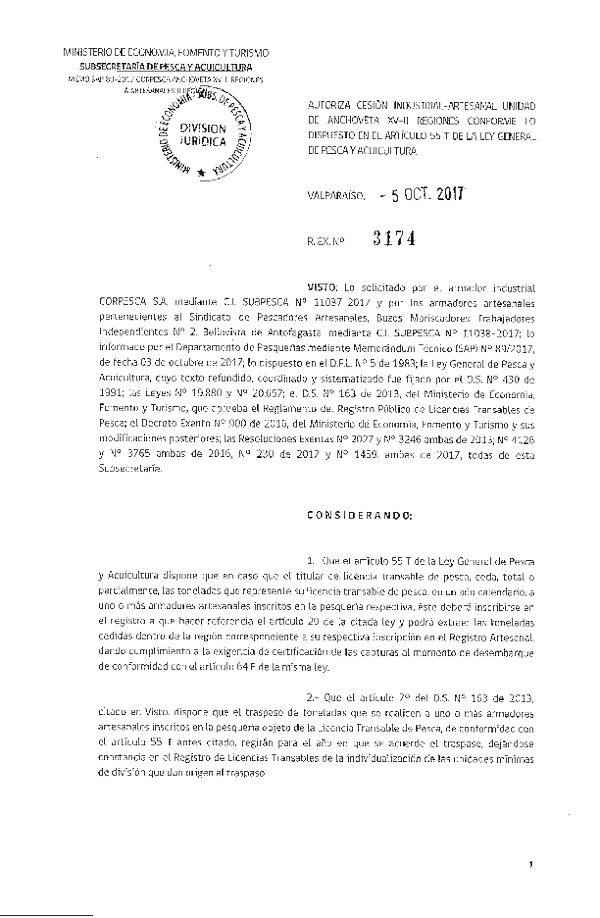 Res. Ex. N° 3174-2017 Autoriza cesión Anchoveta XV a II Región.