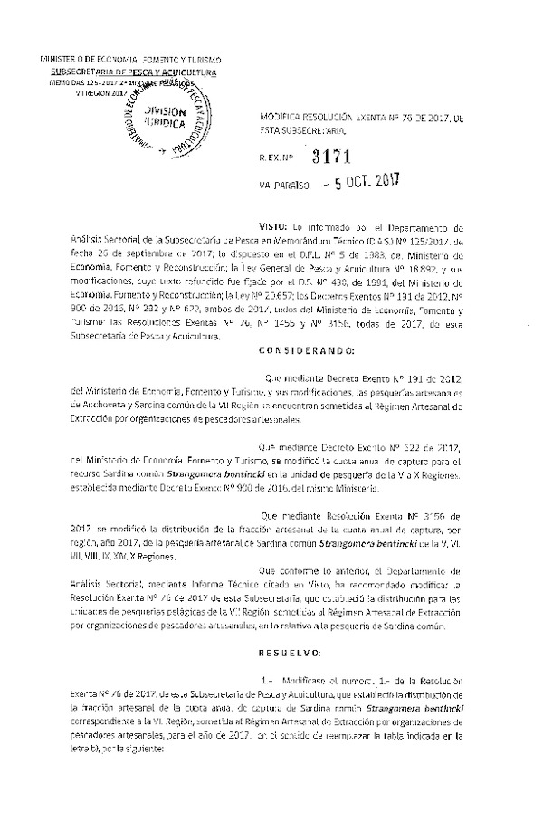 Res. Ex. N° 3171-2017 Modifica Res. Ex. N° 76-2017 Distribución de la Fracción Artesanal Pesquería de Anchoveta y Sardina Común, en la VII Región. (Publicado en Página Web 05-10-2017) (F.D.O. 13-10-2017)