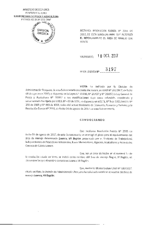 Res. Ex. N° 3197-2017 Rectifica Res. Ex. N° 2555-2017 Prorroga Acción de Manejo.