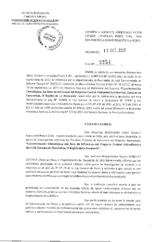 Res. Ex. N° 3254-2017 Caracterización limnológica, comuna de Curarrehue, IX Región de La Araucanía.