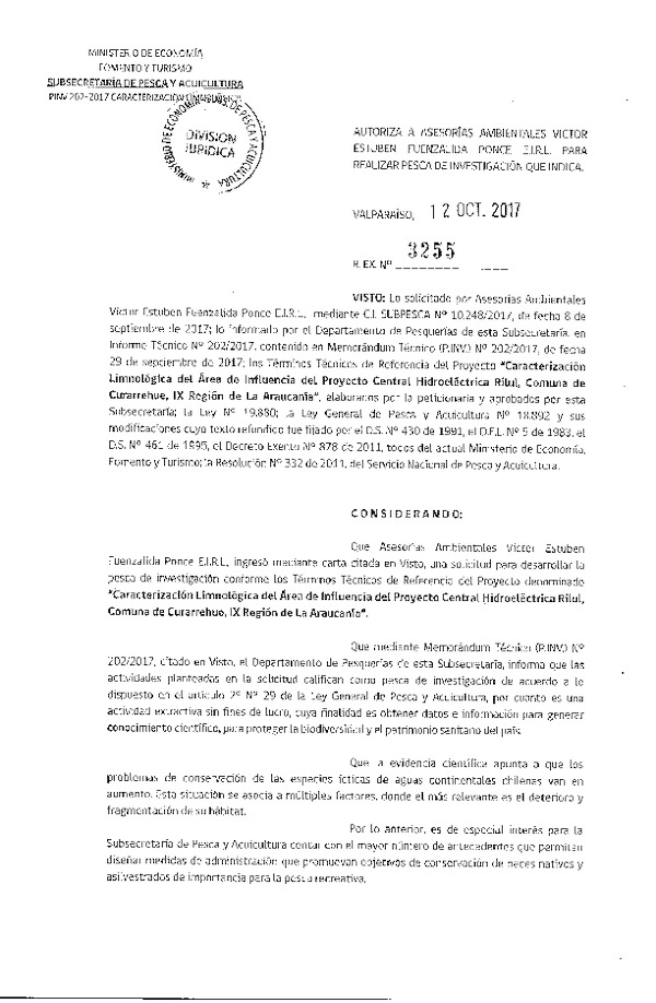 Res. Ex. N° 3255-2017 Caracterización limnológica, comuna de Curarrehue, IX Región de La Araucanía.