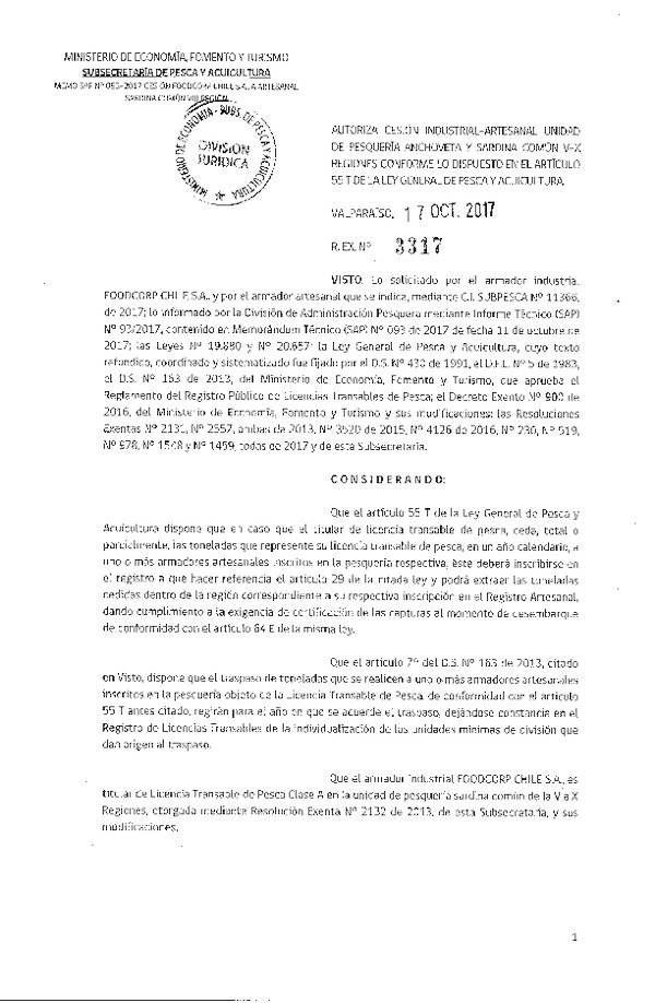 Res. Ex. N° 3317-2017 Autoriza cesión Anchoveta y Sardina común, VIII Región.