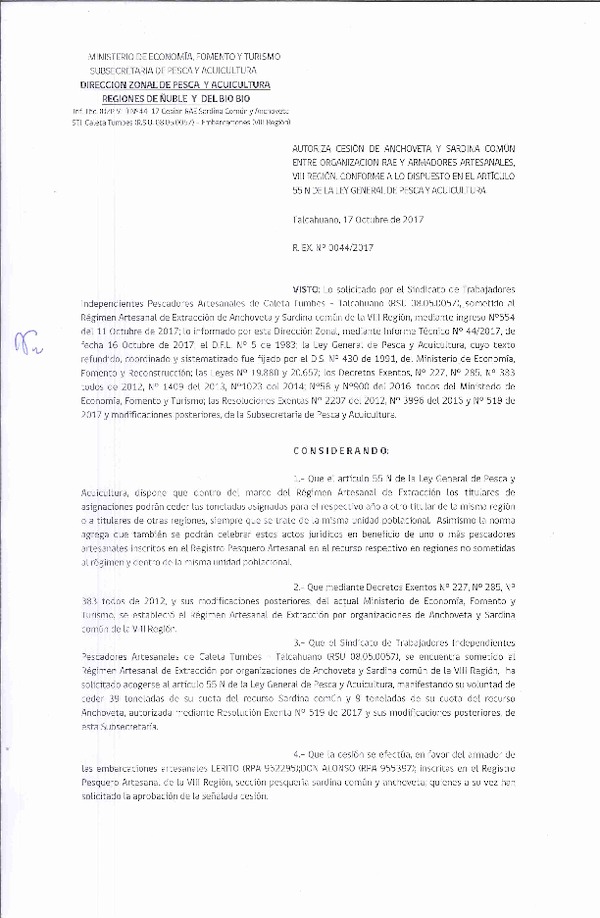 Res. Ex. N° 44-2017 (DZP VIII) Autoriza Cesión Anchoveta y sardina común, VIII Región.