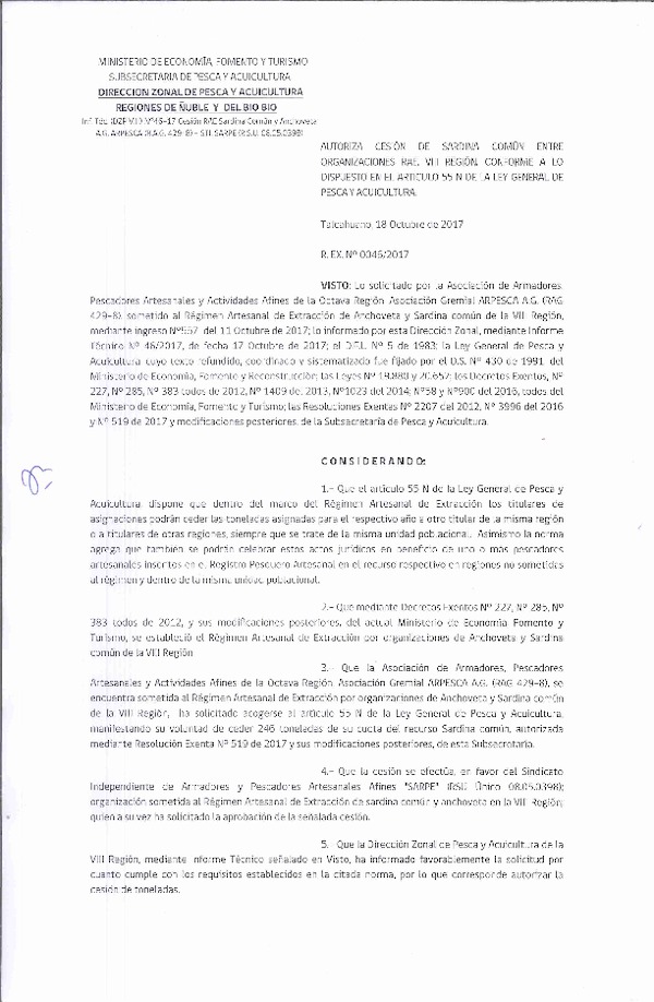 Res. Ex. N° 46-2017 (DZP VIII) Autoriza Cesión Sardina común, VIII Región.