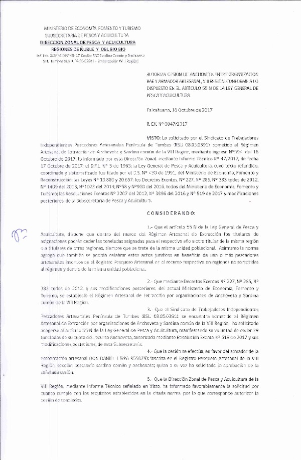 Res. Ex. N° 47-2017 (DZP VIII) Autoriza Cesión Anchoveta, VIII Región.