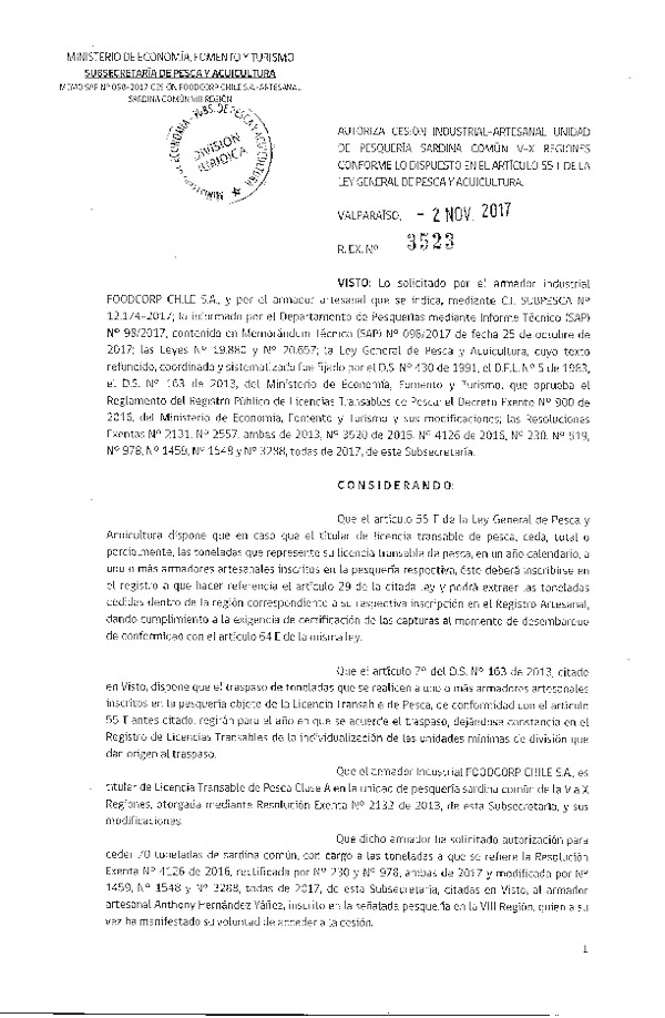 Res. Ex. N° 3523-2017 Cesión Sardina común, VIII Región.