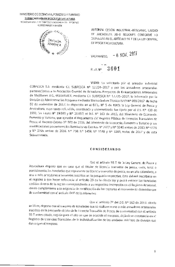 Res. Ex. N° 3601-2017 Autoriza Cesión Anchoveta, XV-II Regiones.