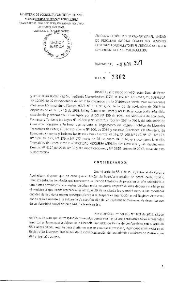 Res. Ex. N° 3602-2017 Autoriza Cesión Sardina común, XIV Región.