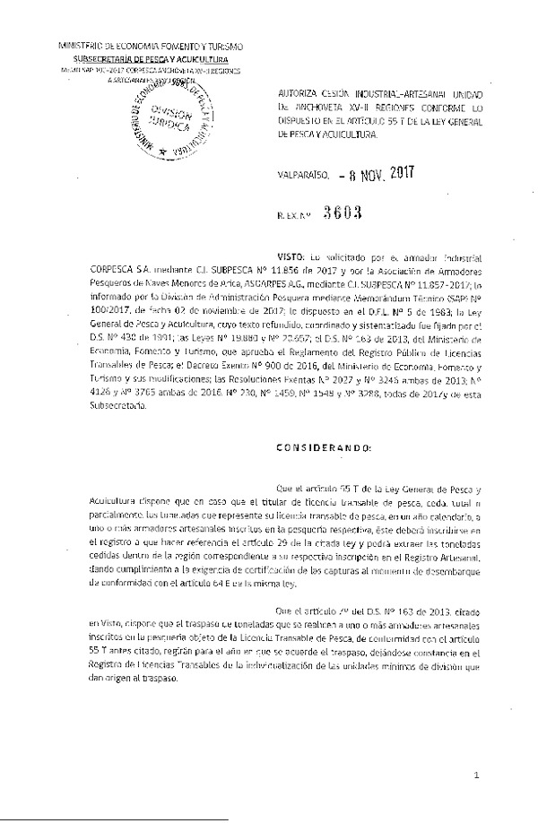 Res. Ex. N° 3603-2017 Autoriza Cesión Anchoveta, XV-II Región.