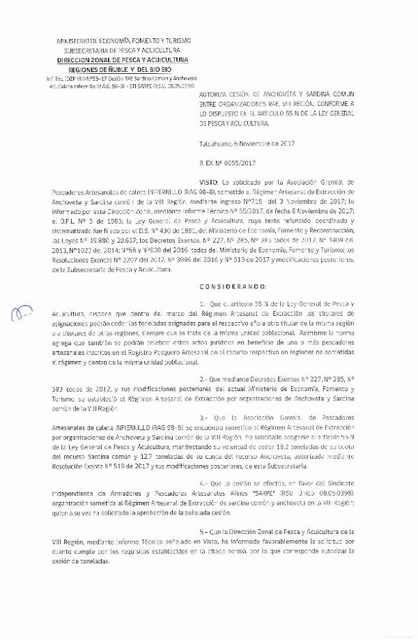 Res. Ex. N° 55-2017 (DZP VIII) Autoriza Cesión Anchoveta y Sardina común, VIII Región.