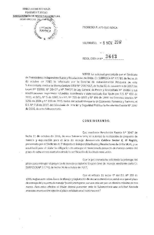 Res. Ex. N° 3643-2017 Prorroga Plan de Manejo.