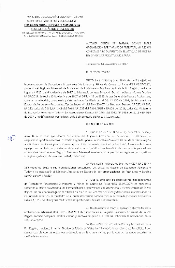 Res. Ex. N° 57-2017 (DZP VIII) Autoriza Cesión Anchoveta y Sardina común, VIII Región.