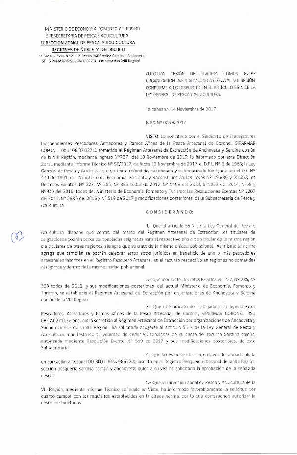 Res. Ex. N° 59-2017 (DZP VIII) Autoriza Cesión Anchoveta y Sardina común, VIII Región.