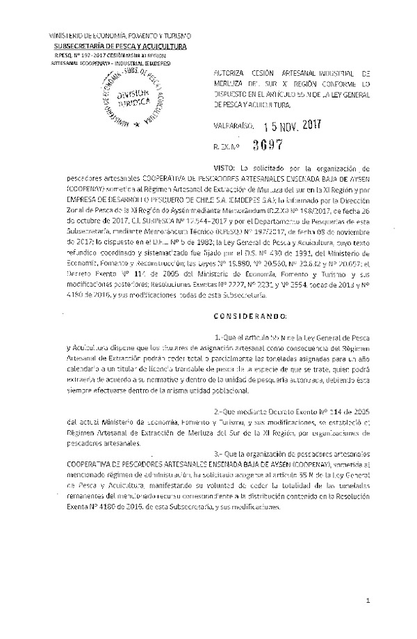Res. Ex. N° 3697-2017 Cesión Merluza del sur XI Región.