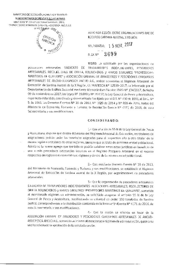 Res. Ex. N° 3699-2017 Autoriza cesión de Sardina austral, X Región.