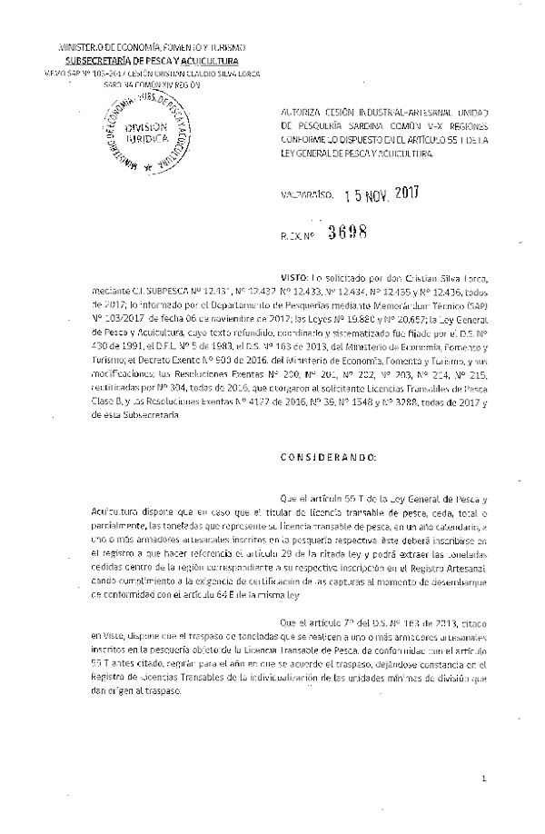 Res. Ex. N° 3698-2017 Autoriza Cesión Sardina común, XIV Región.