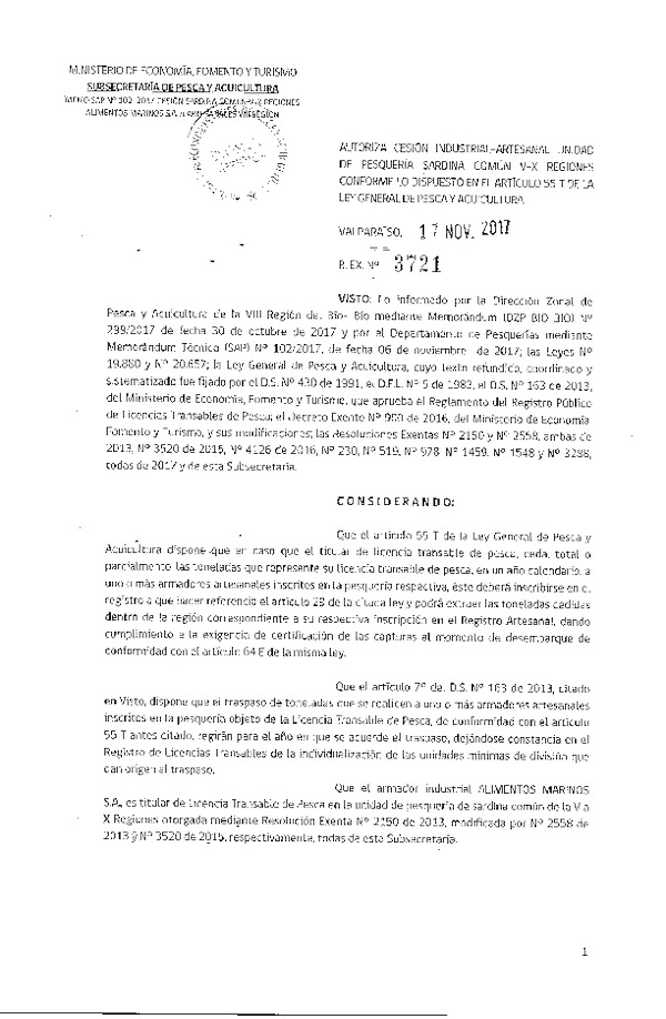Res. Ex. N° 3721-2017 Cesión Sardina común, VIII Región.