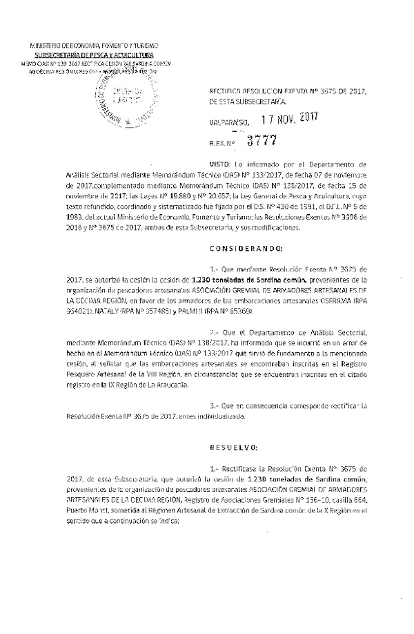 Res. Ex. N° 3777-2017 Rectifica Res. Ex. N° 3675-2017 Autoriza Cesión Sardina común, X Región.